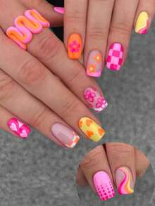 24 Peças de Unhas Postiças Estilo Francês e Chinês, Padrões Variados como Flores, Corações, Bolinhas e Linhas em Diversas Cores; Inclui 1 Lixa de Unha e 1 Conjunto de Adesivos de Cola para Unhas. Este Conjunto de Manicure é Adequado para Meninas, Mães, Mulheres como Presente, Tem Efeito Clareador, Unhas Postiças Removíveis para Feriados, Festas, Encontros e Uso Diário - Multicolorido - Visão 7