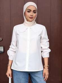 DAZY Lantern Sleeve Eyelet Embroidered Statement Collar Blouse,Long Sleeve Tops,Fall Clothes Preppy Tops