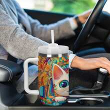 Bitcoin Cat Car Cup - Cute Cryptocurrency Cat Driving Retro Truck Design, 40oz Stainless Steel Insulated Cup With Handle And Straw, Double-Layer Vacuum Insulation, Spill-Proof Lid - Suitable For Home, Office, Gym, Travel - Gift For Bitcoin And Cat Lovers, Fitness Water Bottle, Bright Patterns, Durable Drink Container, Large Capacity Mug, Suitable For Fitness Enthusiasts - 1個 - 查看 7