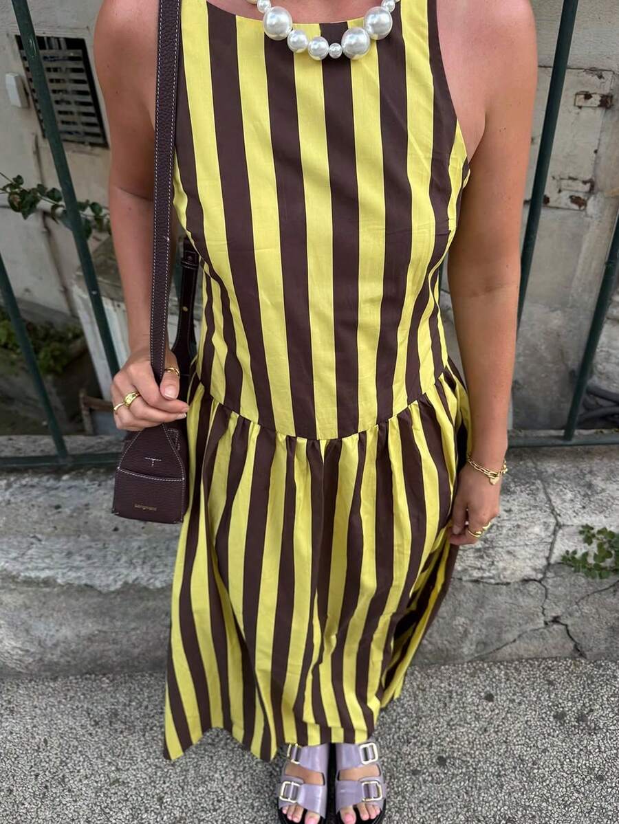 Đầm ôm dáng không tay màu nâu kẻ sọc - Đầm phong cách boho cổ điển dành cho nữ, phù hợp cho công sở, đi chơi và đi nghỉ mát mùa xuân/hè. - Nhiều màu - Xem 1