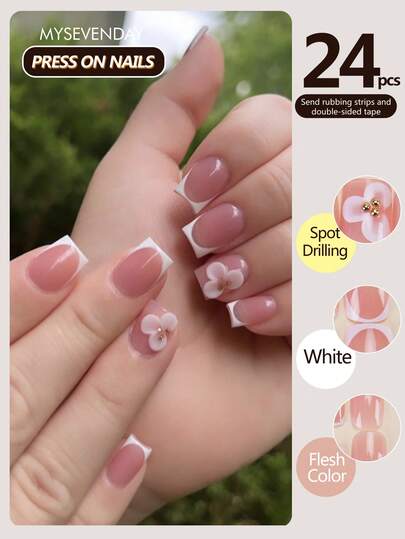 24 stycken press-on naglar korta fyrkantiga/franska nagelkonst med blommönster och guldpärlor som framhäver ditt temperament/levereras med gelélim och gnidningsremsor lämpliga för aggregering, återanvändbara för daglig användning