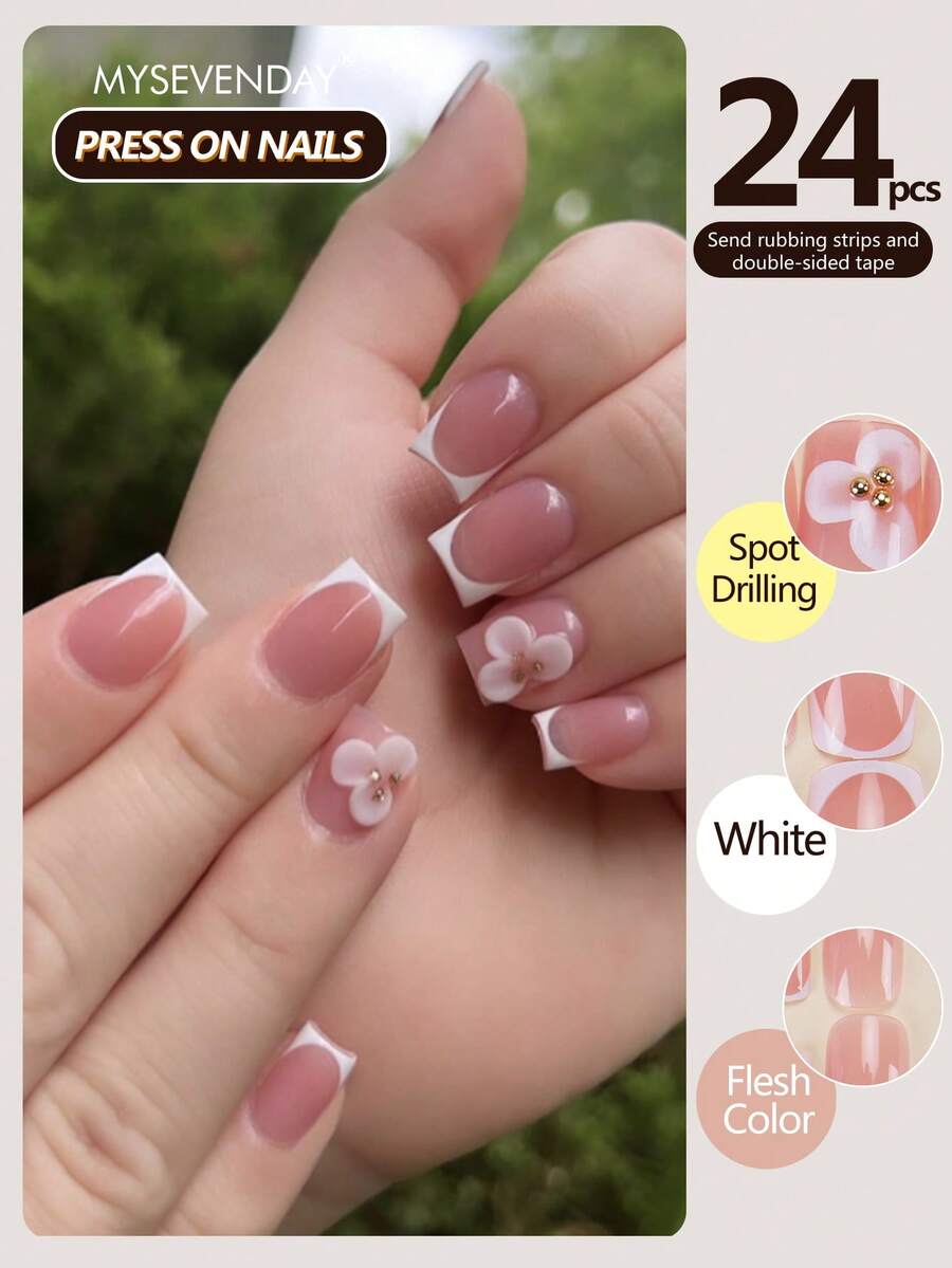 24片装按压式美甲贴片，短方形/法式美甲，花卉图案搭配金色珠饰，提升您的气质/附赠果冻胶和粘贴条，适合聚合粘贴，可重复使用，日常必备 - 彩色 - 查看 1