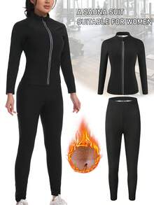 女士两件套运动服套装，长袖上衣和长裤，桑拿服，健身服，纯色高领拉链设计，弹力针织面料，适合锻炼、减肥、束腰，春夏秋季均可穿着，室内外皆宜，跑步、健身