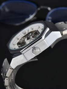 LONGLUX 1pc Men's Automatic Mechanical Watch, Hollow Carved Movement, Steel Strap, Casual & Business, Elegant - White - View 5