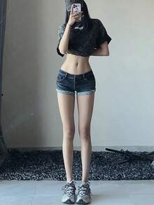 Verano Mujeres Paquete Retro Cadera Slim Hot Pantalones Sexy Rolled Stretch Cintura Baja Pantalones cortos de mezclilla pantalones de mezclilla mujer - Azul oscuro - Ver 3