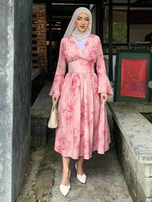 DAZY Women's Elegant Ditsy Floral V-Neck Ruffled Hem Mid-Length Dress, Spring/Fall Long Sleeve Dress Maxi Dress - Pink - View 1