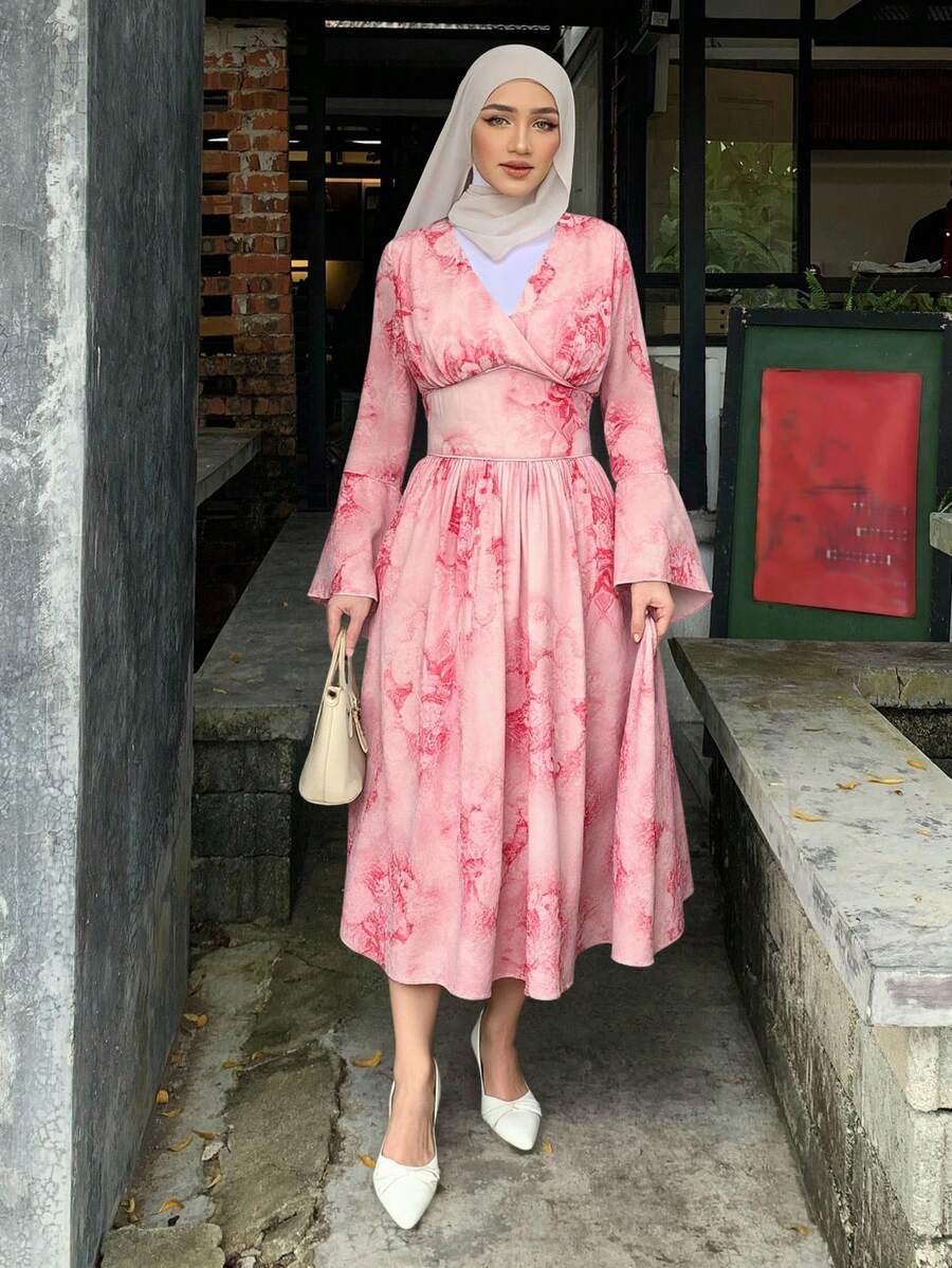 DAZY Women's Elegant Ditsy Floral V-Neck Ruffled Hem Mid-Length Dress, Spring/Fall Long Sleeve Dress Maxi Dress - Pink - View 1
