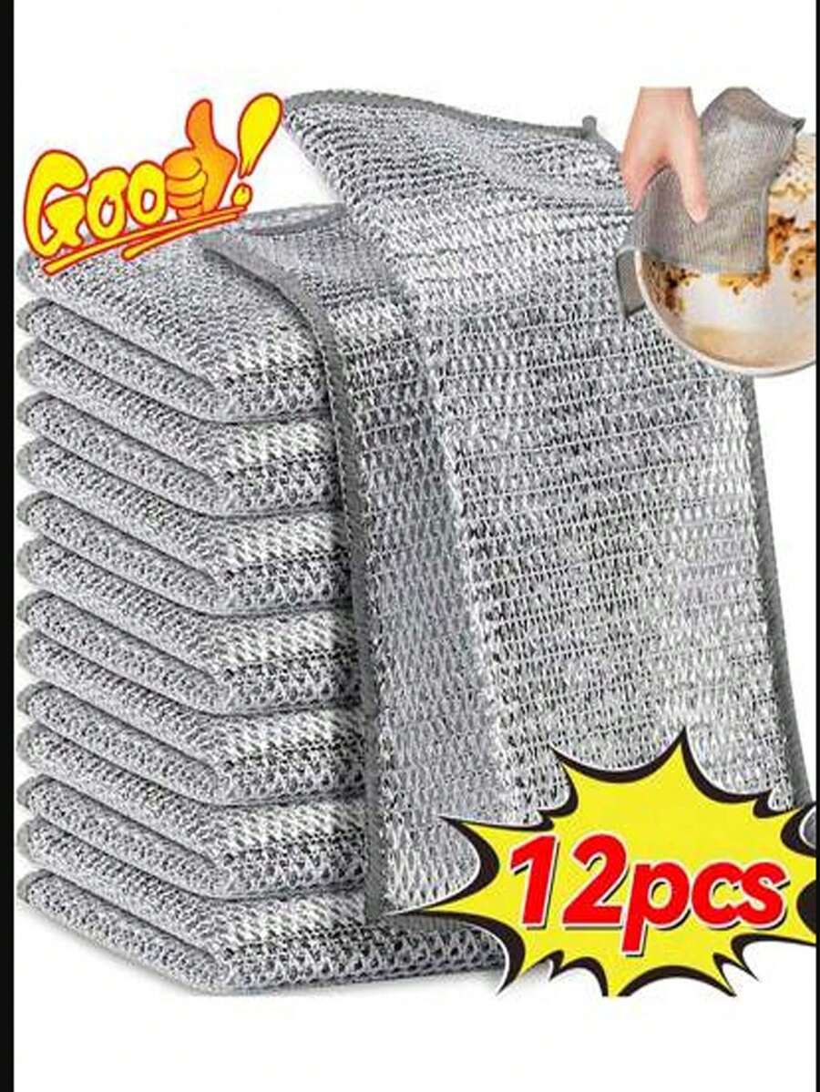 12pcs Single/Double Layer Silver Wire Dishcloth, Steel Wool Scrubber, Kitchen Cleaning Supplies, Non-Stick Oil, Thickened Scouring Pad - Multicolor - View 1