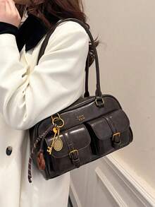 Bolso de hombro de mujer de unicolor retro de piel de PU, diseño deúltiples bolsillos, gran capacidad, con colgante decorativo desmontable, estilo vintage, bolso de oficina - Marrón - Ver 4
