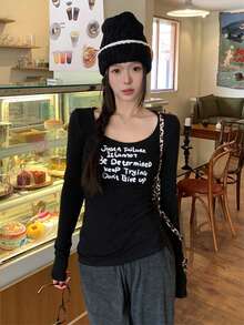 Letter Print U-Neck Fitted Long Sleeve T-Shirt, Stylish Top For Women, New Arrival Early Autumn Casual Black Spring - Black - View 4