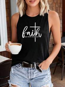 1pc Women Round Neck Camisole Top, 3D Letter Print, Casual Summer Vest, Sleeveless T-Shirt - Black - View 4
