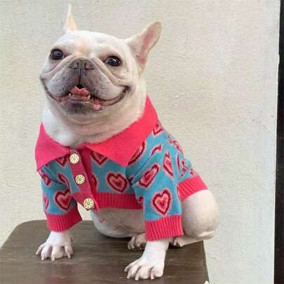 1件心形图案针织宠物毛衣，适合秋冬季犬猫穿着。