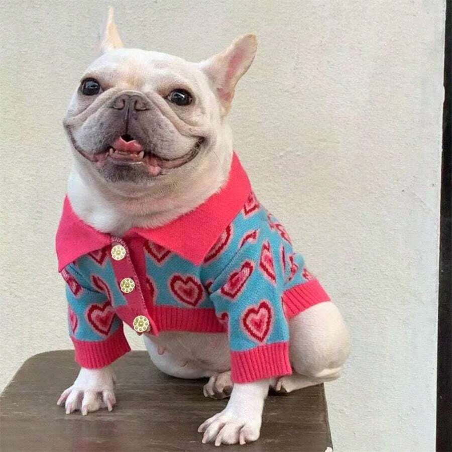 1件心形图案针织宠物毛衣，适合秋冬季犬猫穿着。 - 彩色 - 查看 1