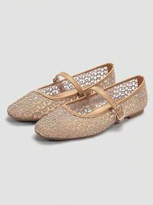 ADAMUMU Women's Fishnet Hollow-Out Ballet Flats, Lightweight Mesh, Two Elegant Buckles, Thoughtful Perforated Design, Comfortable Breathable Fashion - 摩卡棕 - 查看 2