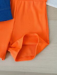 Young Girls' Summer Vest Set - Orange Bow Strap Jumpsuit + Blue Simple Sleeveless Jacket, Children's Fashion Casual 2-Piece Set - Orange - View 8