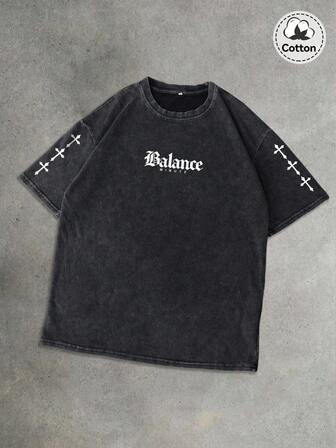 Men's Street Casual T-Shirt, Slightly Stretchy Slim Fit Washed Black Round Neck Short Sleeve Tee, Everyday Wear