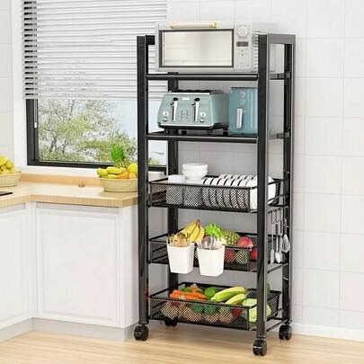 5-Etagen Schwerlast-Küchenregal aus Carbon mit Rollwagen & verstellbaren Ablagen - Freistehende 5-Etagen Vorratsorganisation für Küchenutensilien, Kochgeschirr, Vorratsschrank - Abnehmbare Körbe, platzsparendes Design, ideales Weihnachtsgeschenk, Stehregal