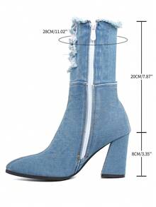 Women's Blue Denim Ankle Boots Pointed Toe Chunky High Heel Jeans Short Booties With Side Zipper Dress Shoes - 淺藍色 - 查看 5