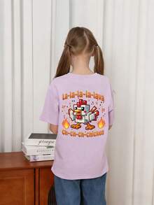 Koszulka z okrągłym dekoltem w stylu "Tieen Girl" z nadrukiem kurczaka, letnia bluzka - Fioletowy - Zobacz 2