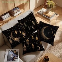 4pcs Ramadan Lantern & Crescent Moon Printed Cushion Cover, Plush Velvet Material, Single-Sided Printing, Eid Mubarak Pillow Case Covers, 17.7*17.7in(45*45cm)/19.69*19.69in(50*50cm)/15.75*15.75in(40*40cm), Ramadan Kareem Home Decor Couch Pillows, Suitable For Living Room Sofa, All Seasons, Gift