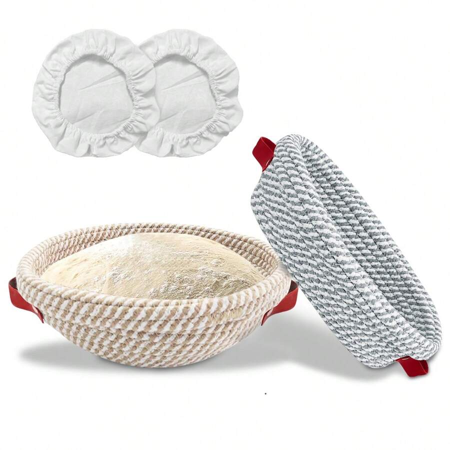 3件套棉绳面包发酵篮（圆形/椭圆形） - 10.83英寸圆形和11.81英寸椭圆形面包发酵篮，带内衬和盖子 - 现代手工酸面包烘焙用品，透气设计，适合面团发酵，适用于家庭和专业厨房，是送给烘焙师、妻子和母亲的理想礼物。 - - - 查看 1