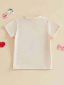 Camisetas de niña pequeña de manga corta con cuello redondo, letras lindas y estampado de oso, tops casuales de verano - Albaricoque - Ver 2
