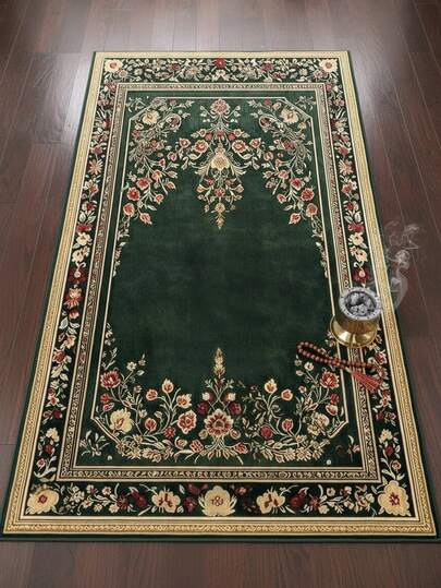 1件装可水洗绿色花卉图案伊斯兰经典便携式折叠垫，底部柔软，天鹅绒材质，海绵底，厚度约1厘米，经典设计，柔软加厚 - 涤纶材质，可机洗，适合室内/室外使用，非常适合书房，畅销产品