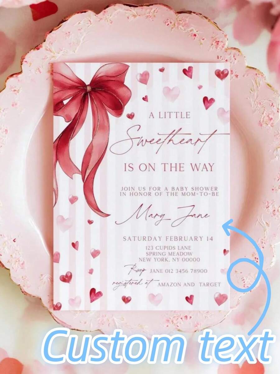Little Sweetheart Baby Shower Invitation, Valentine Baby Shower Invite, Stripe Bow Sweetheart Baby Shower Invite - Multicolor - View 1