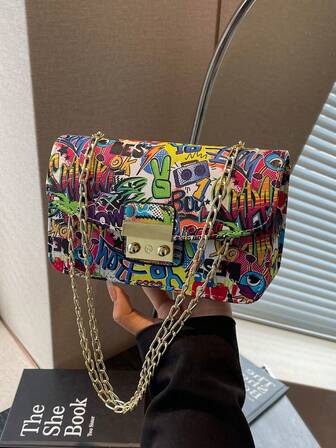 Fashionable & Cute Graffiti Personality Chain Shoulder Bag, Crossbody Bag, Square Bag With Random Prints, Suitable For Shopping, Wallet, Young Women, College Students, Beginners, White-Collar. Ideal For Office, University, Work, Business, Commuting, Outdoor Activities, Travel And Picnics