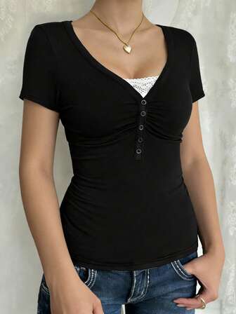 Women's Y2K Sexy Fitted V-Neck Short Sleeve Top, Summer Design