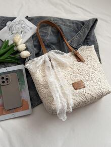 Lace Niche Design Fresh Literary Tote Bag With Bow, Fashionable And Simple Casual Handbag, Large Capacity And Highly Attractively Women's Shoulder Bag, Elegant Women's Underarm Bag, Suitable For Vacation Beach Commuting Daily Matching Photo Giving - White - View 8