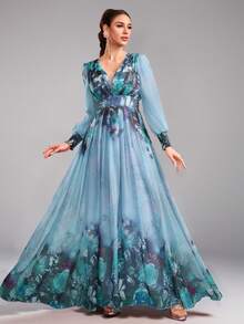 Elegant Women's Long Sleeve Sweetheart Neck Floral Knit A-Line Maxi Dress With Ruffle Details Spring Vacation - Multicolor - View 9