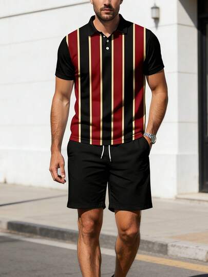 男士撞色Polo衫和短裤套装