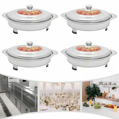 4PCS Buffet Dish Trays Round Buffet Dish Trays With Lids 410 Stainless Steel