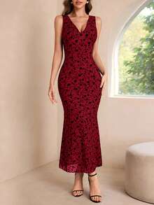 欧美风时尚印花V领无袖修身收腰长裙，适合所有季节 - 酒紅色 - 查看 1