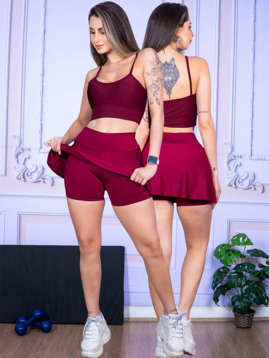 Fitness Shorts, Skirt, And Tank Top Set In Various Colors - Maroon - View 1
