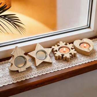 1pc Wooden Minimalist Candle Holder, Snowflake, Tree, Pentagram, Heart Shaped Candle Holder, Home Tabletop Decor, Suitable For Valentine's Day, Ramadan, Wedding