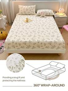 3pcs White Printed Fitted Sheets, Anti-Pilling Mattress Protector, Soft & Skin-Friendly, Boys & Girls Student Dorm Bedding, Multiple Colors Available, Full Coverage Mattress Protector, Machine Washable - White - View 2