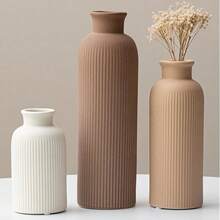 Modern Ceramic Vase Set, Earth Tone Natural Color Ribbed Matte Design, 3-Piece Decorative Vases For Home, Living Room, Office (Coffee Mix) - CoffeeMix - 查看 1