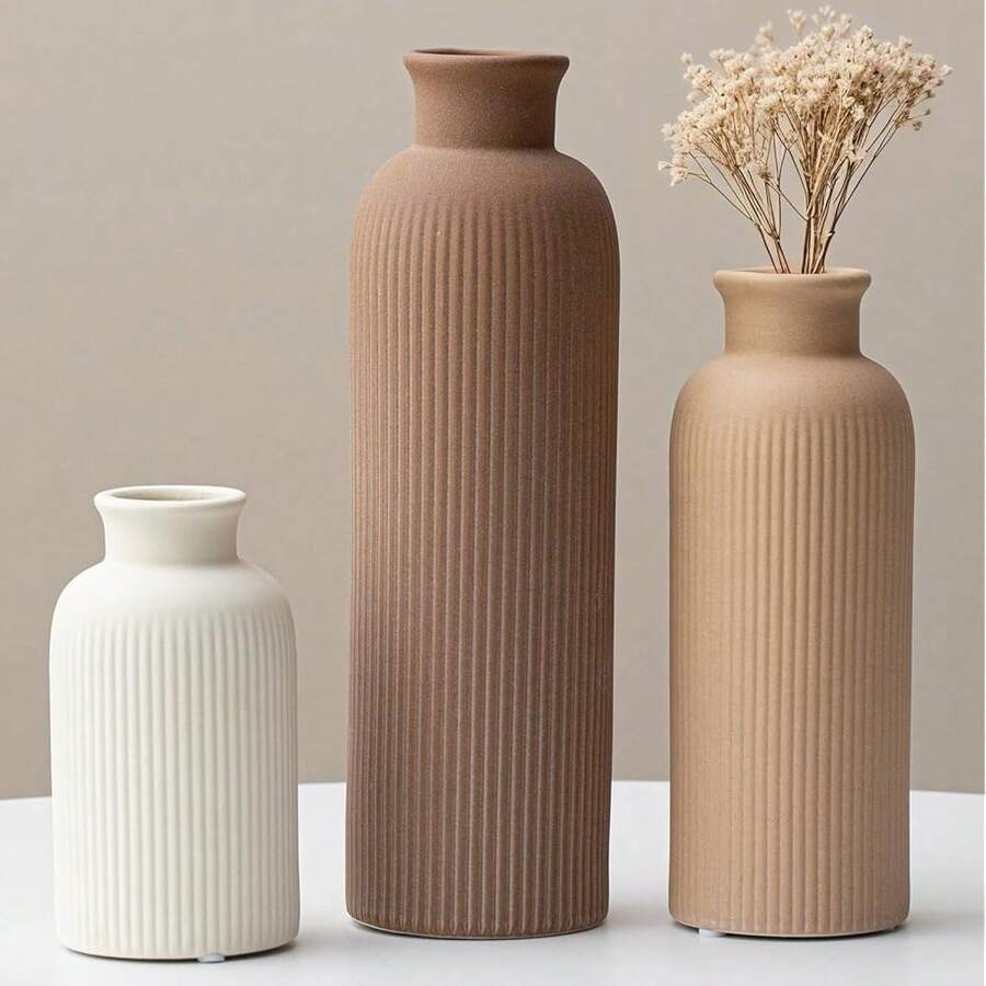 Modern Ceramic Vase Set, Earth Tone Natural Color Ribbed Matte Design, 3-Piece Decorative Vases For Home, Living Room, Office (Coffee Mix) - CoffeeMix - 查看 1