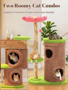 PAWZ Road 53.5" Wood Cat Tree With Flower Perch,  Modern Cat Tower W/Natural Solid Wood Scratching Post (φ3.8in), Large Heavy Duty Forest Cat Tree Furniture W/2 Condos For Indoor & Multi-Cat Household - 綠色 - 查看 6