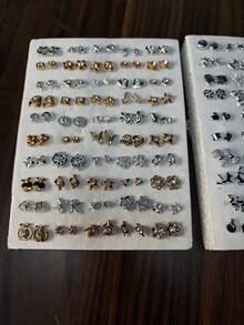 50 Pairs Assorted Cartoon Rhinestone Star, Music Note, Bow Tie, Heart Shaped Plastic Earrings, Suitable For Girls Birthday Party Wear Or Gift, Random Color & Style (Color May Vary Due To Lighting) - Multicolor - View 5