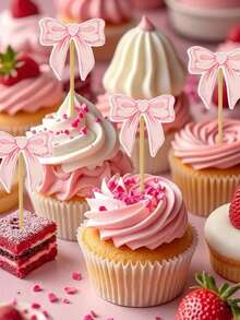 12个粉色蝴蝶结蛋糕装饰，生日派对蛋糕装饰，适用于新娘送礼会、婚礼、生日、粉色主题派对装饰，适用于各种活动和派对，生日派对用品 - 彩色 - 查看 5