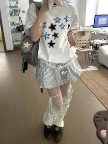 Y2K Cute Star Print Short Sleeve T-Shirt For Women, Loose Round Neck Slimming Sweet & Spicy Babe Style Tee - White - View 4