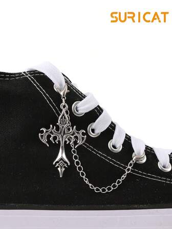 Suricat 1pc Gothic Punk Style Personalized Flame Cross Pendant Shoelace, Suitable For Casual Shoes, Sneakers, Canvas Shoes, Boots, DIY Shoe Decoration, Detachable And Reusable