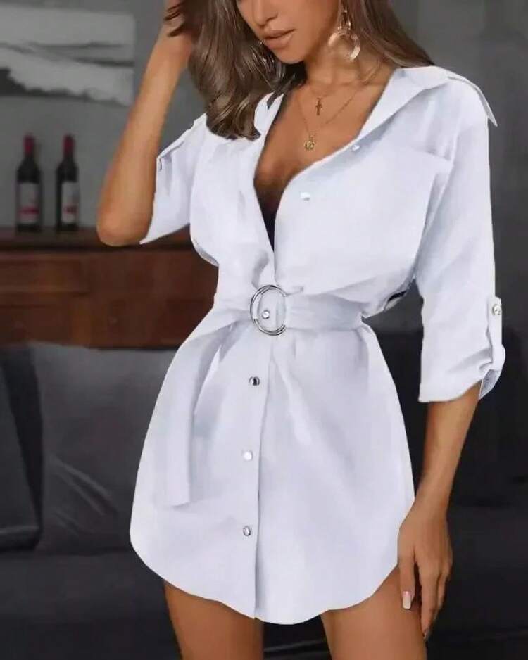 Solid Color Lapel Long Sleeve Dress - White - View 1
