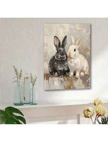 Black And White Rabbit Easter-Themed Poster. High-Quality Canvas Print With Wrapped Frame. Modern And Minimalist Print For Bathroom Wall Decor. Canvas Print With Thick Frame. Perfect For Birthday And Graduation Gifts. - 紅色 - 查看 1