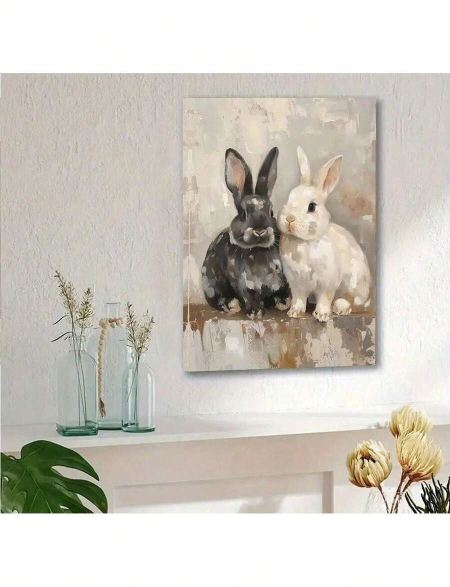 Black And White Rabbit Easter-Themed Poster. High-Quality Canvas Print With Wrapped Frame. Modern And Minimalist Print For Bathroom Wall Decor. Canvas Print With Thick Frame. Perfect For Birthday And Graduation Gifts. - 紅色 - 查看 1