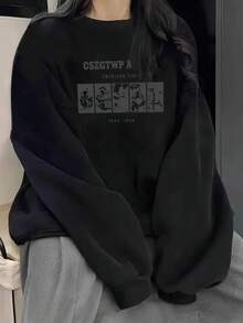 女士宽松休闲高端圆领运动衫，秋冬 - 黑色 - 查看 2