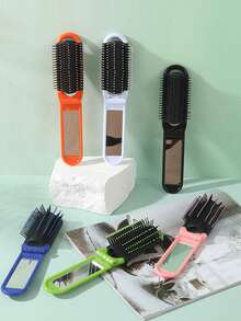 1pc Foldable Comb With Mirror, Multiple Colors Available, Foldable Design For Easy Carrying, Equipped With Mirror For Convenient Makeup Check, A Highly Practical Portable Comb - Black - View 3